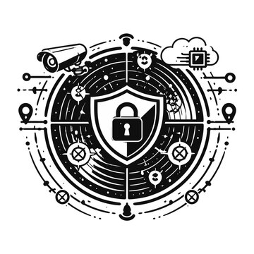 Dynamic digital network security infrastructure concept with centralized data protection shield and surveillance systems ensuring secure technological operations for future challenges