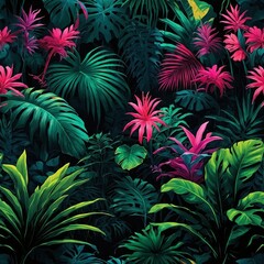 Fototapeta premium Lush jungle foliage with vibrant pink and green leaves tropical plants