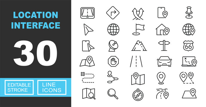 Location interface line icon set. Exclusive Location interface line icon collection. Containing Cursor, Compass, Globe, Flag, Mountain, Pin, Map, Magnifier, Signpost, Road. Editable stroke.