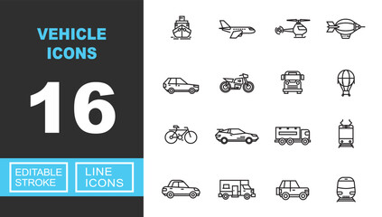 Vehicle line icon set. Exclusive Vehicle line icon collection. Containing Ship, Airplane, Helicopter, Blimp, Car, Motorcycle, Bus, Balloon, Bicycle, Truck. Editable stroke. © Catostd