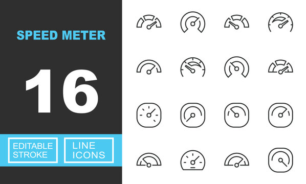 Speed Meter line icon set. Exclusive Speed Meter line icon collection. Containing speedometer, tachometer, gauge, acceleration, performance, indicator, dashboard, dial, meter. Editable stroke.