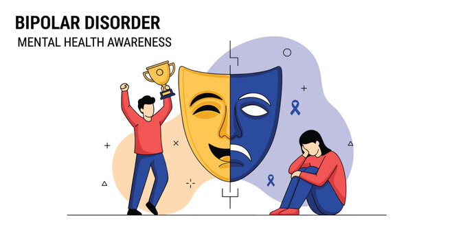 Mental health awareness concept for bipolar disorder featuring theatrical masks showing happy and sad faces with corresponding characters.