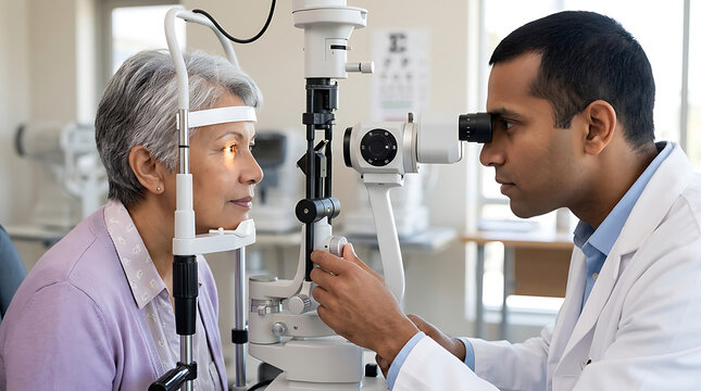Professional optometrist conducting an eye examination for a senior woman patient using a slit lamp in a modern clinic setting for vision care and health monitoring