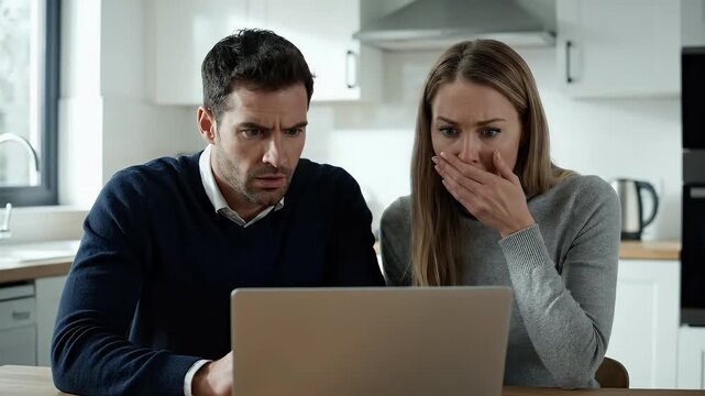 A concerned couple intently examines information displayed on a laptop in a modern kitchen setting, suggesting a moment of serious decision-making or problem-solving.