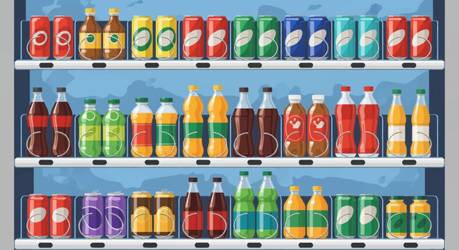 Flat vector illustration of a retail refrigerator shelf or vending machine interior featuring rows of colorful canned sodas and various bottled drinks in plastic and glass.