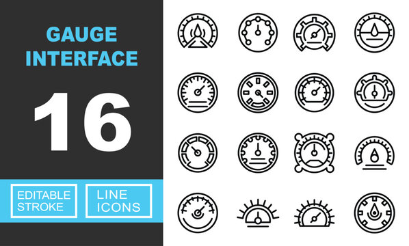 Gauge interface line icon set. Exclusive Gauge interface line icon collection. Containing Speedometer, Tachometer, Odometer, Voltmeter, Altimeter, Barometer, Manometer, Accelerometer. Editable stroke.