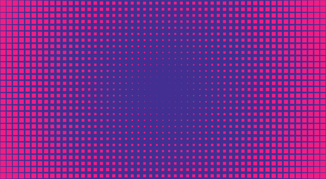 Pink and purple radial square halftone background. Fading pixel matrix grid, vibrant gradient transition, retro dot pattern. For pop art party flyer poster. Vector graphic art.