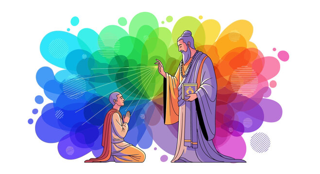 Spiritual Blessing Ritual: Priest Anointing Devotee with Holy Water Amidst Rainbow Aura