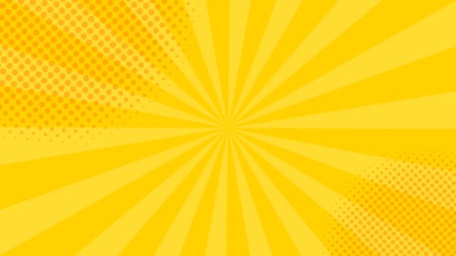 Abstract background of yellow sunburst lines comic cartoon and halftone circle dots texture
