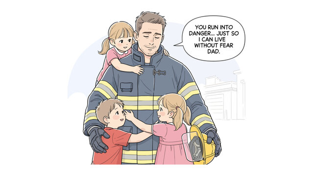 Courageous Protector: A firefighter, a symbol of unwavering bravery and selfless service, embraces his children, a testament to the human spirit's resilience.