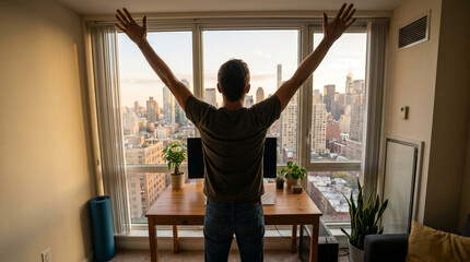 Fototapeta na wymiar Man in casual wear, arms raised in victory pose, looking at urban skyline, high-rise apartment interior, success and achievement