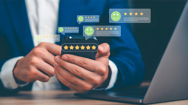 Customer feedback and online reviews, rating and satisfaction with star ratings displayed on a smartphone screen