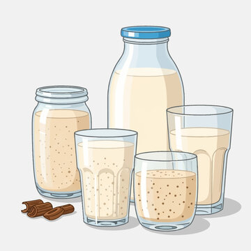 Vector illustration of assorted creamy beverages in clear glassware including a milk bottle, mason jar and three drinking glasses with cinnamon sticks isolated on white background.
