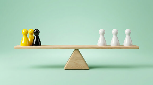 Conceptual image of a seesaw balancing with game pawns representing business strategy and team equality or leadership decision making process