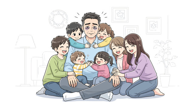 Joyful Family Gathering: A tender family moment captured in a heartwarming illustration. A father, surrounded by his children and their mother, shares a bond of love and togetherness. 