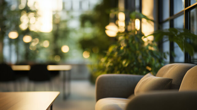 Modern interior lounge featuring a cozy fabric sofa with textured pillows beside indoor greenery and a blurred background office setting with warm golden sunlight and bokeh light effects