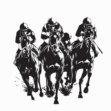 Racing Horses and Jockeys Front View Silhouette Vector Illustration