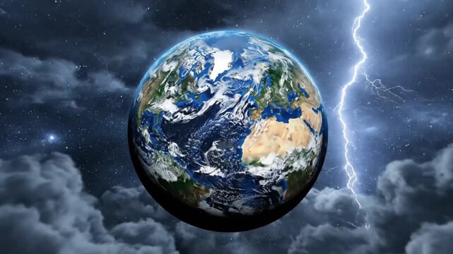 Planet Earth in Space Surrounded by Dark Storm Clouds and Powerful Lightning Strike Representing Climate Change and Global Warming