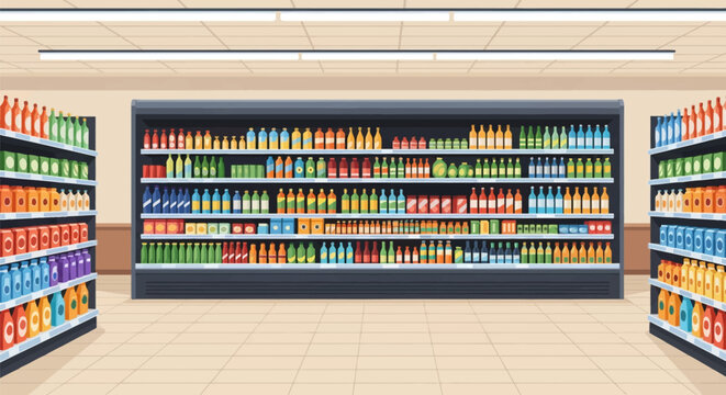 Flat vector illustration of a grocery store aisle featuring a large refrigerated display case and side shelves filled with various colorful bottled beverages, juices, and cartons.
