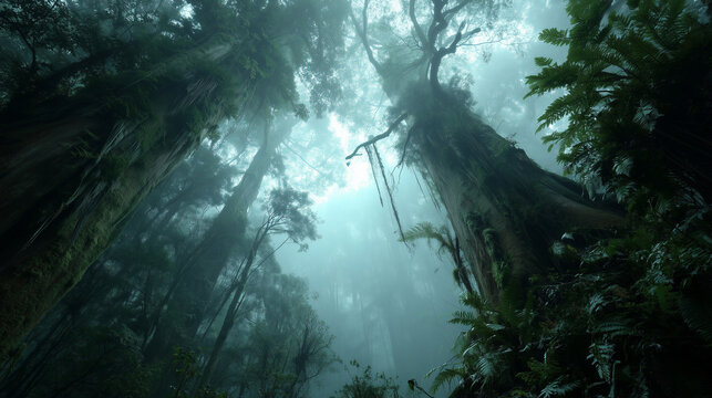 Low angle view of ancient towering trees in a mysterious misty rainforest with ethereal light filtering through the dense canopy creating a moody atmospheric nature background