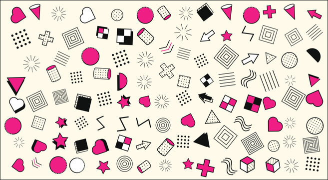 Vintage 80s Memphis abstract geometric shape set. Hot pink and black hearts, stars, circles, zigzags, squiggles, cubes, dotted grids. For retro party flyer. Flat vector graphic art.