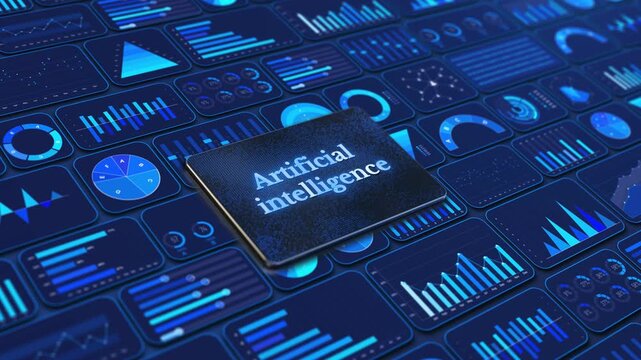 Human Hand click on Tablet Device Displaying Artificial Intelligence Financial Data Dashboard. AI-driven business analysis. digital 3D grid of financial charts graphs. digital brain machine learning