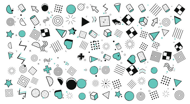 Retro 80s Memphis style geometric shape collection. Teal and black zigzags, squiggles, circles, triangles, cubes, dotted crosses. For pop art poster design. Flat vector graphic.
