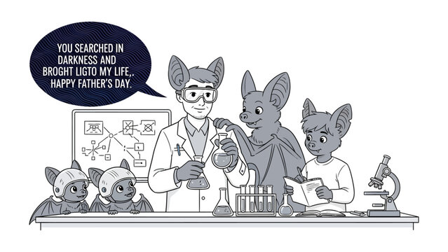 Father's Day Dedication: A heartwarming illustrated tribute to Father's Day, featuring a bat scientist and his adorable offspring engaged in a scientific pursuit, with a poignant message.