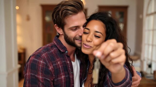 Happy couple celebrating their new home together as they receive keys in a cozy setting filled with joy and excitement