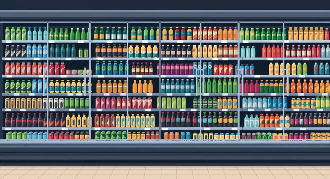 Flat vector illustration of a large commercial cooler in a supermarket aisle filled with multiple rows of colorful bottled and canned beverages organized on glass-fronted shelves.