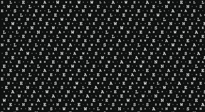 Abstract black and white typography matrix background. Scattered alphabet letters, messy text pattern, random code grid. For cyber hacker poster print. Flat vector graphic art.