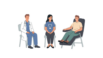 Obraz premium Healthcare professionals and patient. Doctor, nurse, and man in medical chair for consultation or donation. Medical care flat illustration.