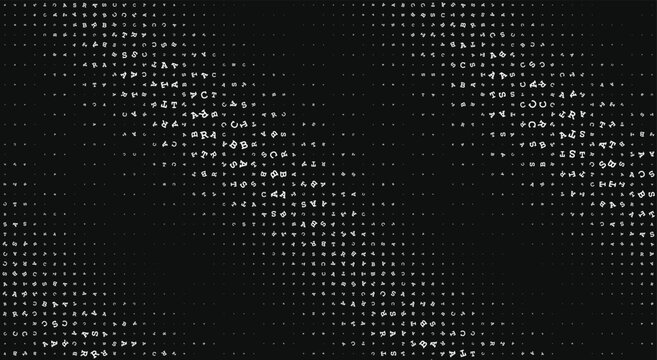 Distorted cyber typography matrix background. White scattered letters, diagonal wavy glitch text, digital coding stream, fading optical illusion. For hacker poster. Vector art.