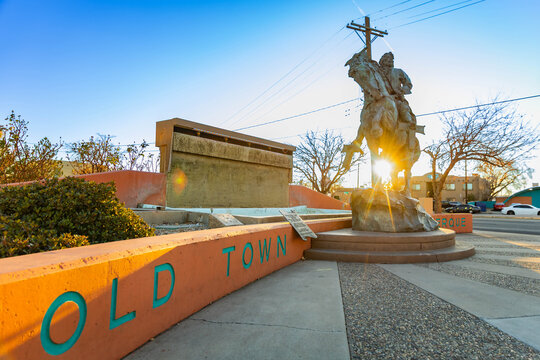 Equestrian Statue of Don Francisco Cuervo y Valdes at Sunset in Old Town Albuquerque New Mexico