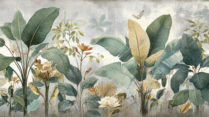 Tropical foliage composition rendered in muted watercolor style forms an elegant mural design