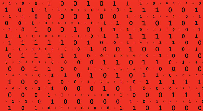 Abstract red and black binary code background. Scattered one and zero number grid, digital hacker matrix, messy glitch typography. For cyber security alert poster. Vector graphic art.