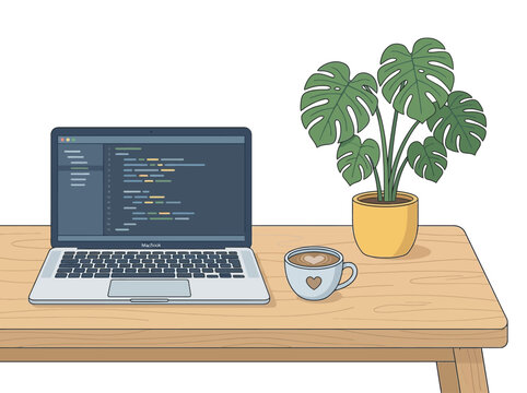 Illustration of a programmer workspace with laptop code editor and coffee cup.