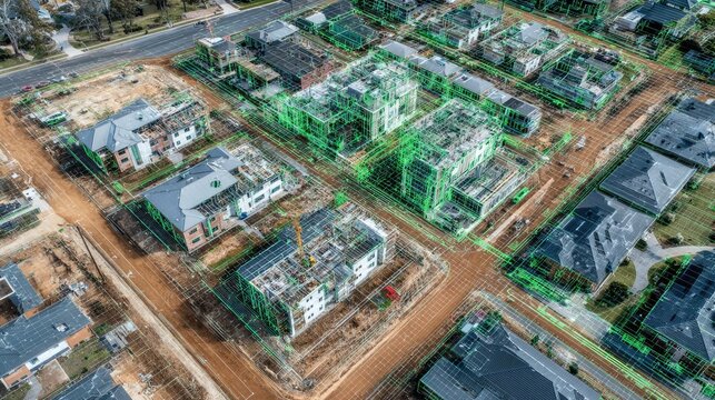 Aerial view of a construction site showcasing multiple buildings under development with green overlays