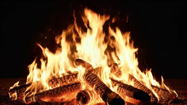 Burning firewood in a campfire at night
