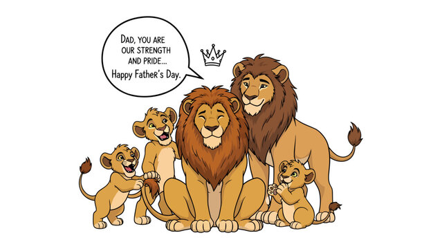 Lion Family's Father's Day: A cartoon illustration captures a tender moment. A majestic lion and his pride, including playful cubs, celebrate Father's Day with a heartfelt message.
