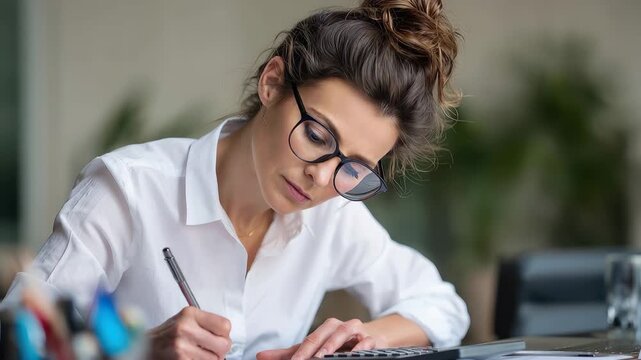 Close-up of a female accountant focused on making calculations and documenting financial data in an office setting during daytime
