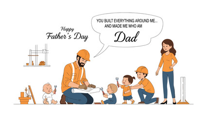 Fototapeta premium Father's Day Dedication: A heartwarming scene depicts a devoted father, construction worker, sharing a tender moment with his children, while a loving mother looks on.