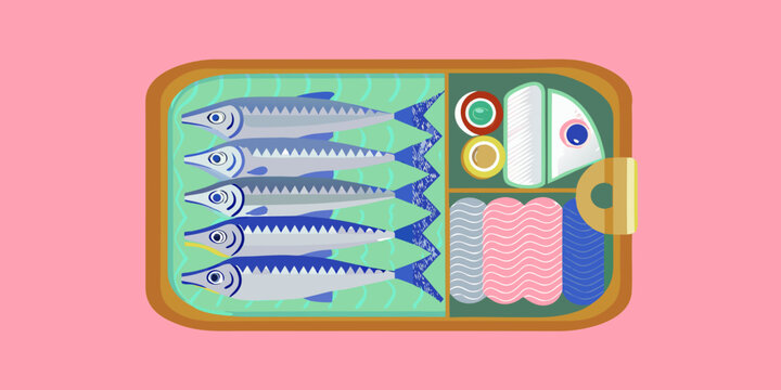 An illustrated open sardine can with fish lemon and tomato slices