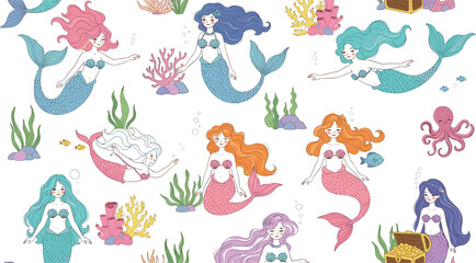 Obraz premium Cute mermaid cartoon set with underwater sea life fantasy characters vector illustration