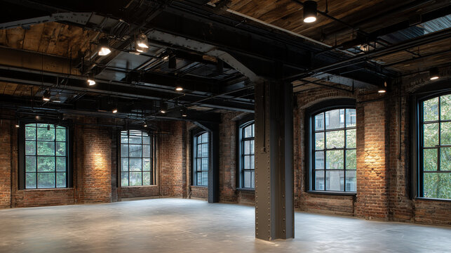 Industrial loft interior with exposed brick walls and steel pillars in a renovated factory building featuring high ceilings and large arched windows with natural daylight streaming inside
