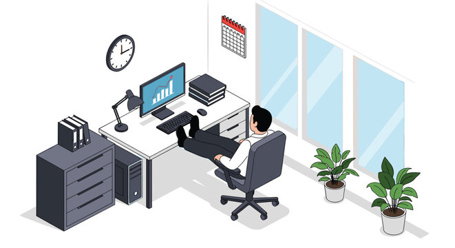 Productive office worker relaxing at his desk with feet up while looking at successful business charts on his computer monitor.