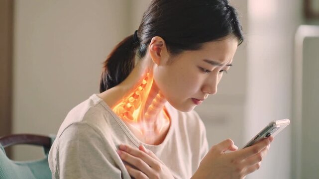スマートフォンを操作中に首や肩の痛みを感じる女性  ストレートネック・スマホ首・肩こり