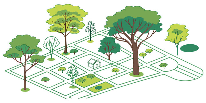Isometric urban landscape planning map featuring trees and housing plots isometric planning landscape development residential neighborhood architecture environment infrastructure vegetation
