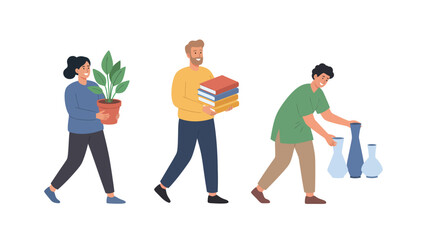 Obraz premium People carrying household items for home setup. Woman with plant, man with books, man arranging vases. Moving, organizing, decorating concept.