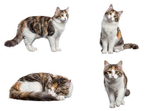 Four calico tabby cats in various poses: standing, sitting, sleeping, and looking forward, isolated on transparent.